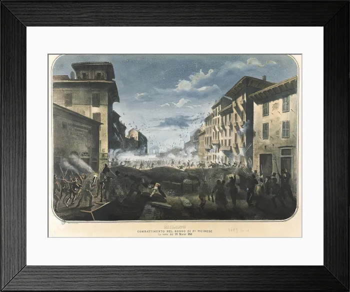 Framed Print : Italian Unification. Insurrection of the Five Days of Milano (18-21 March 1848) against Austrian rule. Combat in the Ticinese Gate in the night of 20 March. Etching. ITALY. Milan
