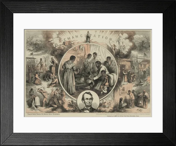 Framed Print : Commemoration of the emancipation of Southern slaves and the end of the Civil War, showing contrast between slavery and the life of freedmen. Print by Thomas Nast. 1865 Framed Print : Commemoration of the emancipation of Southern slaves and the end of the Civil War, showing contrast between slavery and the life of freedmen. Print by Thomas Nast. 1865