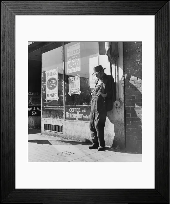 Framed Print : Lone man in farmer's overalls, on San Francisco's Skid Row at Howard Street Framed Print : Lone man in farmer's overalls, on San Francisco's Skid Row at Howard Street
