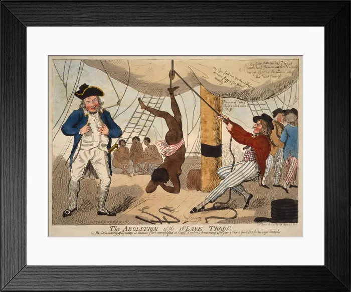 Framed Print : British cartoon of a true event, in which Captain John Kimber had a 15 year old captive suspended, whipped, and tortured
