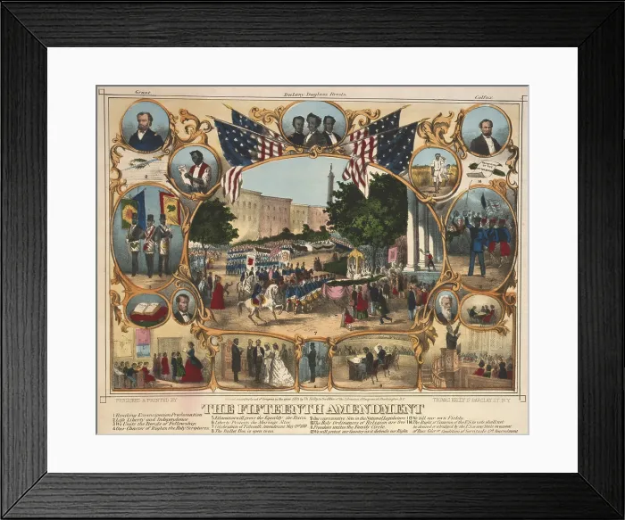 Framed Print : 1870 print illustrating the rights granted by the 15th amendment. The Fifteenth Amendment celebrated by parade, by portraits, and vignettes of Black life