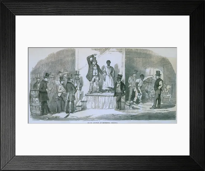 Framed Print : Slave auction in Richmond, Virginia in 1856. A women stands alone as bids are offered. On the right, a male slave is examined by a potential buyer. 1856