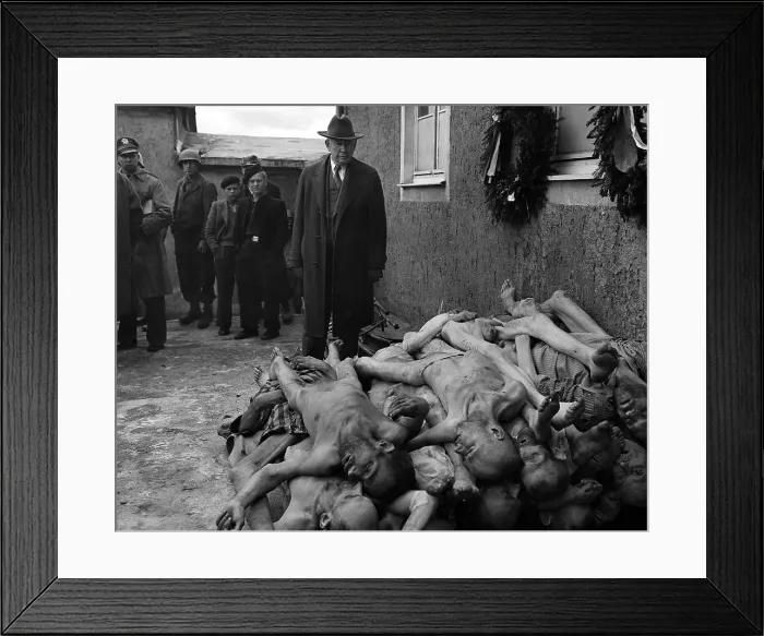 Framed Print : U.S. Senator Alben Barkley views pile of dead bodies at Buchenwald concentration camp. April 1945, Germany, World War 2. (BSLOC_2014_4_13)