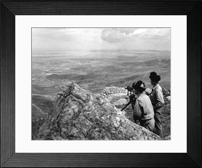 Framed Print : South Korean Army officers observe activities across the 38th Parallel from a mountain outpost. This photo was made just at the outbreak of the Korean war Framed Print : South Korean Army officers observe activities across the 38th Parallel from a mountain outpost. This photo was made just at the outbreak of the Korean war