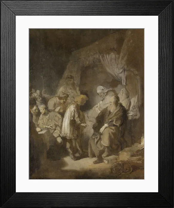 Framed Print : Joseph Telling his Dreams to his Parents and Brothers, by Rembrandt, 1633, Dutch oil painting. As his mother Rachel watches, Joseph speaks to his father Jacob
