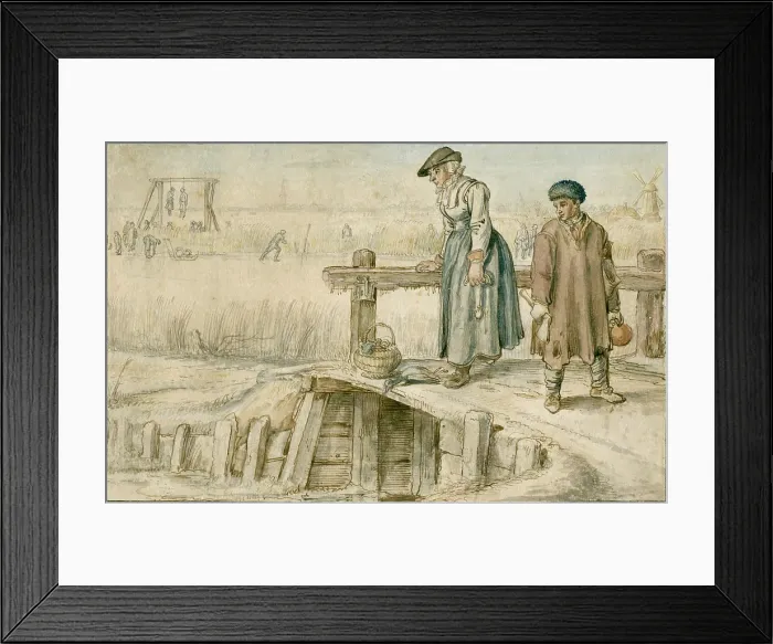 Framed Print : Winter Scene: Woman and Boy on a Small Bridge, by Hendrick Avercamp, 1595-1634, Dutch painting. Watercolor on paper. Their everyday clothing is rendered in detail