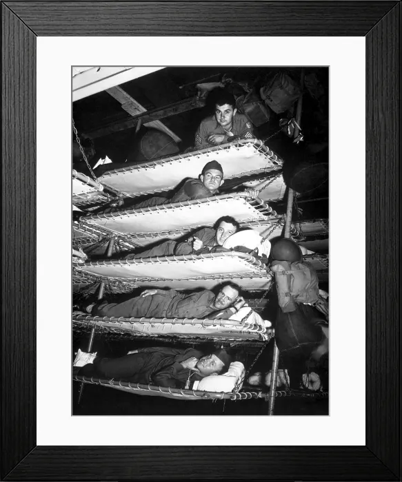 Framed Print : U.S. soldiers in five tier bunks on Army troop ship, SS Pennant. San Francisco Port of Embarkation, Nov. 1, 1942, during World War 2. (BSLOC_2013_14_220) Framed Print : U.S. soldiers in five tier bunks on Army troop ship, SS Pennant. San Francisco Port of Embarkation, Nov. 1, 1942, during World War 2. (BSLOC_2013_14_220)