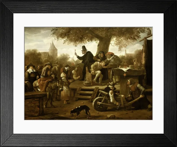 Framed Print : The Quack, by Jan Steen, 1650-60, Dutch painting, oil on panel. A quack shows the villagers a stone he has removed from the tied man on a chair on the platform Framed Print : The Quack, by Jan Steen, 1650-60, Dutch painting, oil on panel. A quack shows the villagers a stone he has removed from the tied man on a chair on the platform