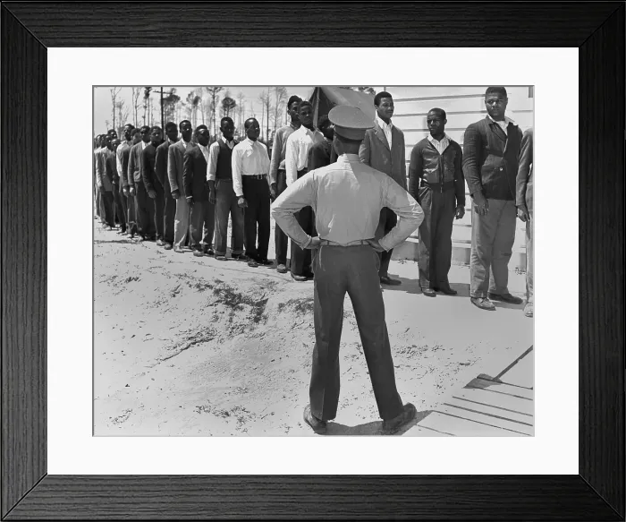 Framed Print : African American Marine recruits line up to begin basic training
