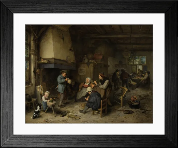Framed Print : The Skaters: Peasants in an Interior, by Adriaen van Ostade, 1650, Dutch painting, oil on panel. People gathered at a country inn drink and smoke near a fireplace