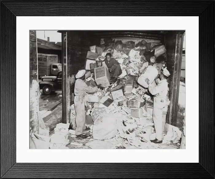 Framed Print : African American soldiers loading trash on a freight car during World War 2. Many Blacks were assigned to non-combat, racially segregated, service battalions (BSLOC_2013_14_227)