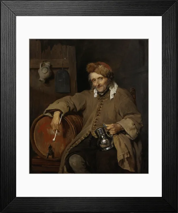 Framed Print : The Old Drinker, by Gabriel Metsu, 1661-63, Dutch painting, oil on panel. Elderly man holding a beer tankard and a long stemmed pipe