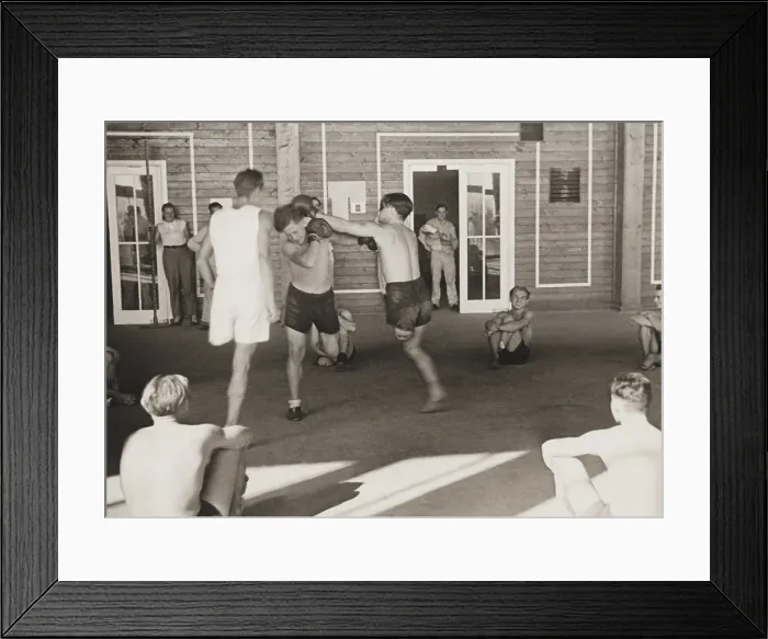 Framed Print : German amputees boxing at military hospital. The young World War 2 veterans were in rehabilitation near Vlasim, Czech Republic. 1943. (BSLOC_2014_8_221)