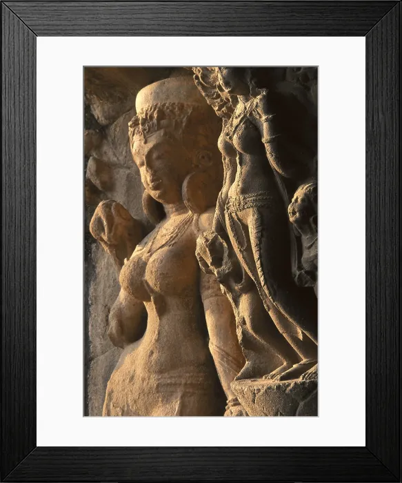 Framed Print : INDIA. Ellora. Ellora Caves. Ellora. Cave 21. Hindu Temple Rameshwar or Rameshvara, carved in the rock, 7-8th c. Sculptures in the facade. Hindu art. Sculpture; Architecture