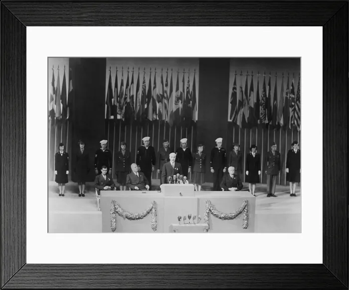 Framed Print : United Nations Conference on International Organization opening in San Francisco. U.S. Sec. of State Edward Stettinius presides Framed Print : United Nations Conference on International Organization opening in San Francisco. U.S. Sec. of State Edward Stettinius presides