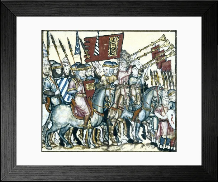 Framed Print : Alfonso X, called 'The Wise' (1221-1284). Cantigas de Santa Maria (Virgin Mary Songs). 13th c. Battle and soldiers scene. Gothic art. Painting. SPAIN