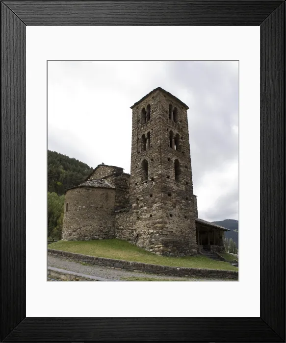 Framed Print : ANDORRA. Canillo. Church of Sant Joan de Caselles (12th c). Three-level bell tower decorated with Lombard-style windows. Romanesque art