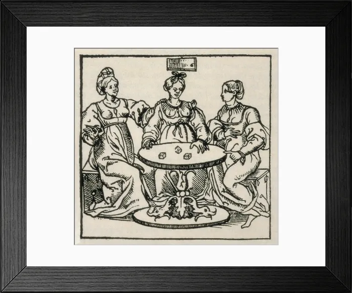 Framed Print : Women playing dice in order to know when they will die. Engraving. - Coleccion Gasca / Iberfoto / Everett Collection (396963)**US SALES ONLY** Framed Print : Women playing dice in order to know when they will die. Engraving. - Coleccion Gasca / Iberfoto / Everett Collection (396963)**US SALES ONLY**
