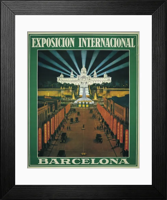 Framed Print : Barcelona International Exhibition. 1929. Poster from an illustration by R. Bas. View of Paseo de Maria Cristina with the Montjuc fountains and the National Palace. - J