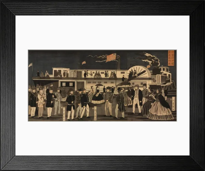 Framed Print : Japanese depiction of a steamship in an American port shows a crowded pier with American travelers. Japanese triptych woodcut by Maruya Jinpachi 1861. LC-USZC4-8514