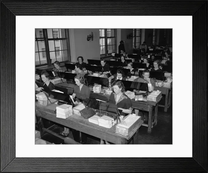 Framed Print : U.S. Census workers transferring birth records to a computer punch cards, ca. 1940. (BSLOC_2013_8_185) Framed Print : U.S. Census workers transferring birth records to a computer punch cards, ca. 1940. (BSLOC_2013_8_185)