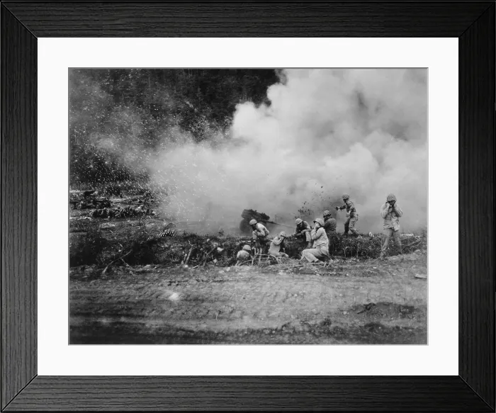 Framed Print : U.S. Marines launch a 4.5 rocket barrage against the Chinese Communists in Korean War fighting. Ca. 1951. Korean War, 1950-53. (BSLOC_2014_11_115)