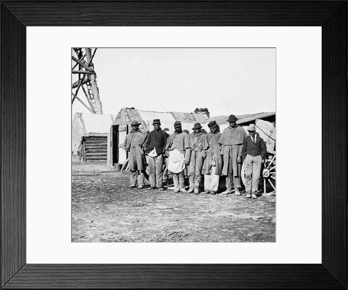 Framed Print : African-American contrabands dressed in old Union uniforms worked as teamsters, managing the mule and horse pulled wagons for the Union Army of the James. 1864-65 Framed Print : African-American contrabands dressed in old Union uniforms worked as teamsters, managing the mule and horse pulled wagons for the Union Army of the James. 1864-65