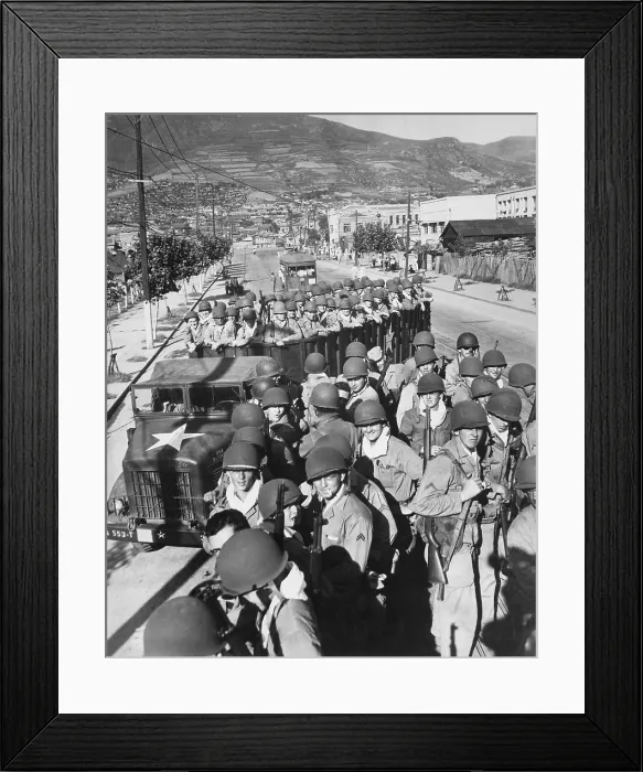 Framed Print : U.S. Marine troops arrived at the port of Pusan the day before, in trucks bound for the fighting on the Pusan Perimeter. Aug. 3, 1950. Korean War, 1950-53. (BSLOC_2014_11_12)