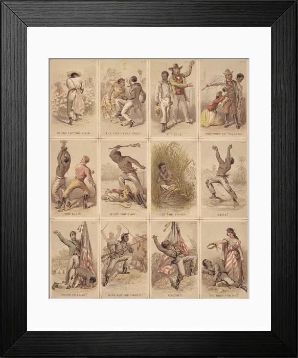 Framed Print : Twelve illustrated cards narrating the journey of a slave from plantation life to the struggle for liberty, for which he gives his life, as a Union soldier during the Civil War