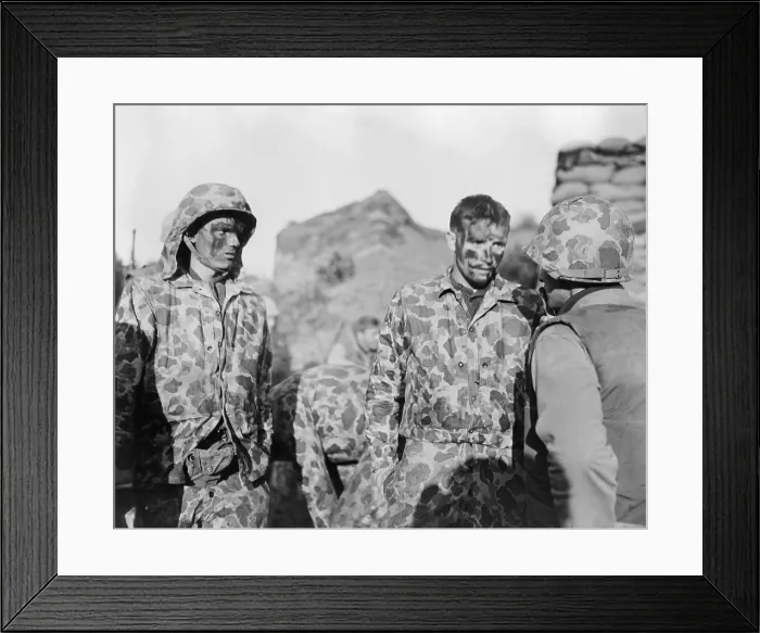Framed Print : U.S. Marines after completing a successful mission in enemy territory somewhere along the Korean battle-front. Sept. 26, 1952. Korean War, 1950-53. (BSLOC_2014_11_121)