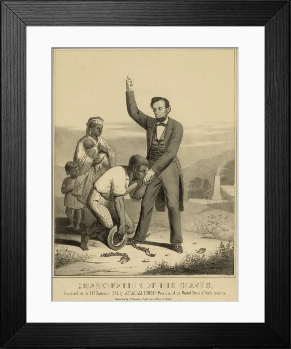 Framed Print : Allegorical print of Lincoln emancipated the slaves as proclaimed on the 22nd September 1862. 1870 print commemorating the Emancipation Proclamation Framed Print : Allegorical print of Lincoln emancipated the slaves as proclaimed on the 22nd September 1862. 1870 print commemorating the Emancipation Proclamation