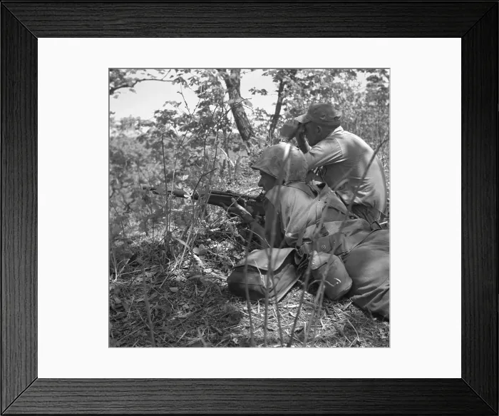 Framed Print : U.S. Marine sniper and spotter work together in picking off the enemy in Korea. Korean War, 1950-53. Exact date / location unknown. (BSLOC_2014_11_128)