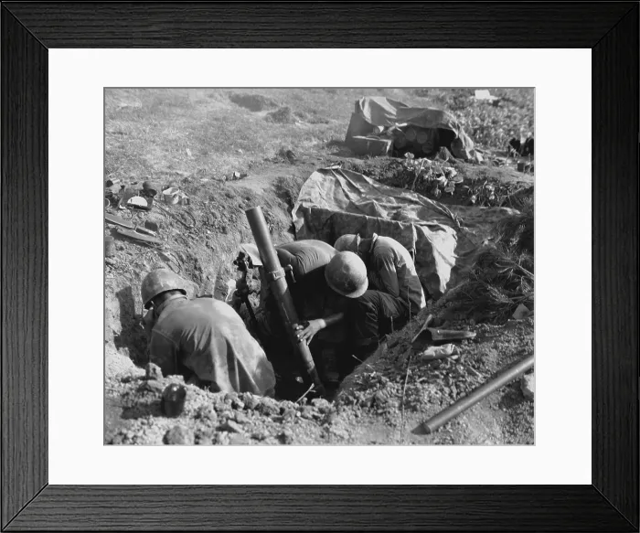 Framed Print : Marines fire an 81 mm mortar in the Battle of Obong-ni Ridge, August 17-19, 1950. It was part of the larger First Battle of the Naktong River (Aug)