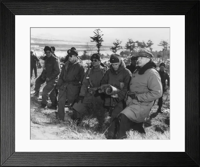 Framed Print : General Douglas MacArthur at the front lines above Suwon, Korea, Jan 29, 1951. L-R: Unidentified soldier, Generals Courtney Whitney, Matthew Ridgway, William Kean, MacArthur