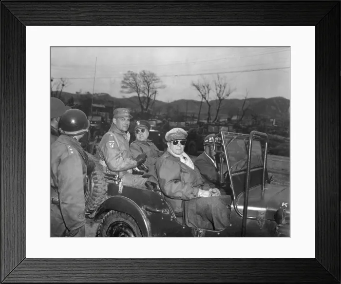 Framed Print : Commanders of U.N. Forces in Korea, in a jeep at a command post, Yang Yang, approximately 15 miles north of the 38th parallel, April 3, 1951. A week later Gen Framed Print : Commanders of U.N. Forces in Korea, in a jeep at a command post, Yang Yang, approximately 15 miles north of the 38th parallel, April 3, 1951. A week later Gen