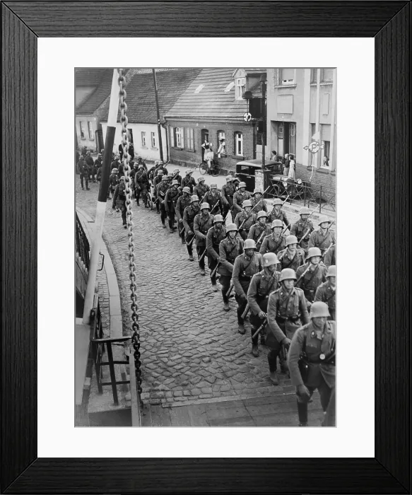 Framed Print : German soldiers marching through the town of Storkow, Germany. Ca. 1943. World War 2. (BSLOC_2014_8_97)