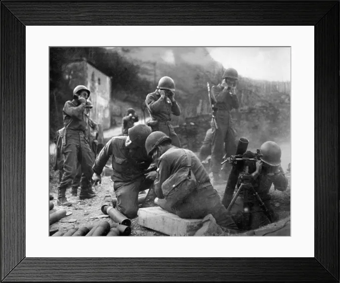 Framed Print : U.S. Soldiers firing mortars as they establish a beachhead on the east bank of the Rhine. March 1945. Germany, World War 2. (BSLOC_2014_8_68)