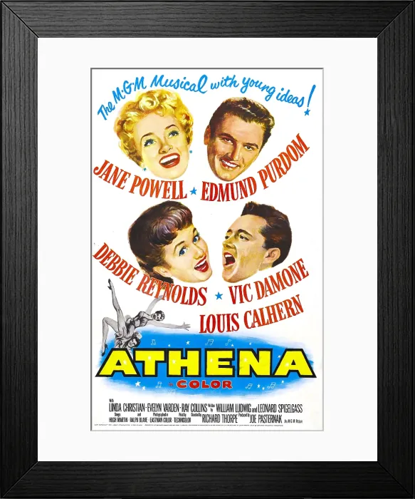 Framed Print : ATHENA, US poster, from top left clockwise: Jane Powell, Edmund Purdom, Debbie Reynolds, Vic Damone, 1954 Framed Print : ATHENA, US poster, from top left clockwise: Jane Powell, Edmund Purdom, Debbie Reynolds, Vic Damone, 1954