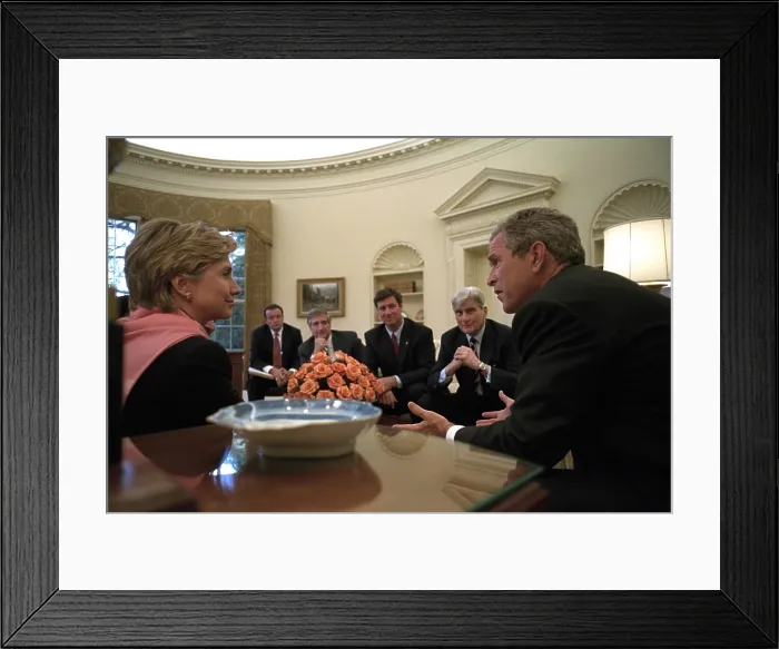 Framed Print : Oval Office meeting on Sept. 13, 2001, 2 days following the 9-11 Terrorist Attacks. President George W. Bush meets with, from left: NY Sen