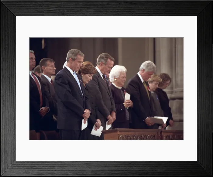 Framed Print : National Day of Prayer and Remembrance service on Sept. 14, 2001. At National Cathedral, L-R: President George W. Bush, Mrs. Laura Bush, Former President George H. W. Bush, Mrs