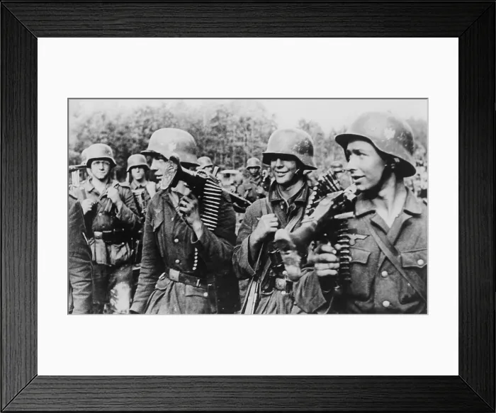 Framed Print : German soldiers on their way to a new assignment after a 3 day battle in 1944. World War 2. (BSLOC_2014_8_98) Framed Print : German soldiers on their way to a new assignment after a 3 day battle in 1944. World War 2. (BSLOC_2014_8_98)