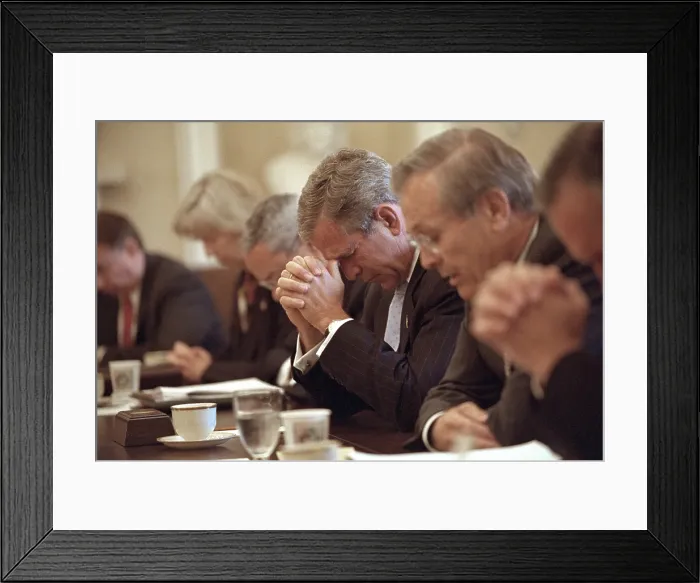 Framed Print : President George W. Bush opens a cabinet meeting with a prayer on Sept. 14, 2001. 3 days after the 9-11 Terrorist Attacks, Bush 43 is flanked by Sec