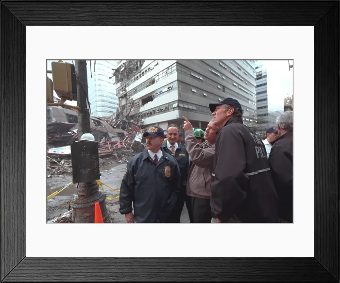 Framed Print : President George W. Bush visits World Trade Center ruins in New York, Sept. 14, 2001. With him from left are: NYC Police Commissioner Bernie Kerik; Sen. Chuck Schumer; and NY Gov