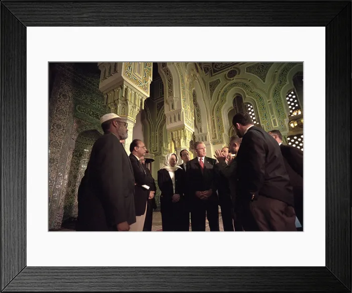 Framed Print : President George W. Bush talks with Islamic community leaders. He toured the Islamic Center of Washington, D.C. on Sept. 17, 2001.. (BSLOC_2015_2_156)