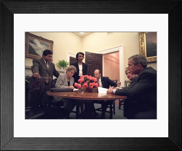 Framed Print : Oval Office meeting on the evening of Sept. 11, 2001, after 9-11 Terrorist Attacks. President George W