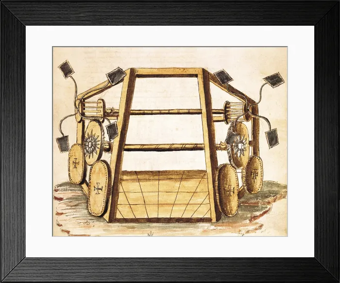 Framed Print : VALTURIO, Roberto (1405-1475). De re militari. 1446 - 1455. Military engineering treaty. Project of chariot of war. 1470 edition. Miniature Painting; Watercolour. ITALY. Padua