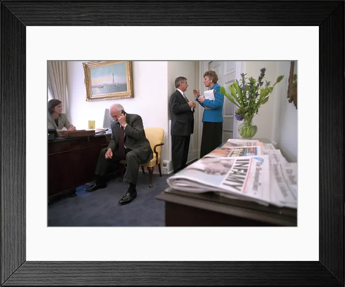 Framed Print : Outer Oval Office of the White House on the day following the 9-11 Terrorist Attacks. Vice President Dick Cheney is on the telephone Framed Print : Outer Oval Office of the White House on the day following the 9-11 Terrorist Attacks. Vice President Dick Cheney is on the telephone