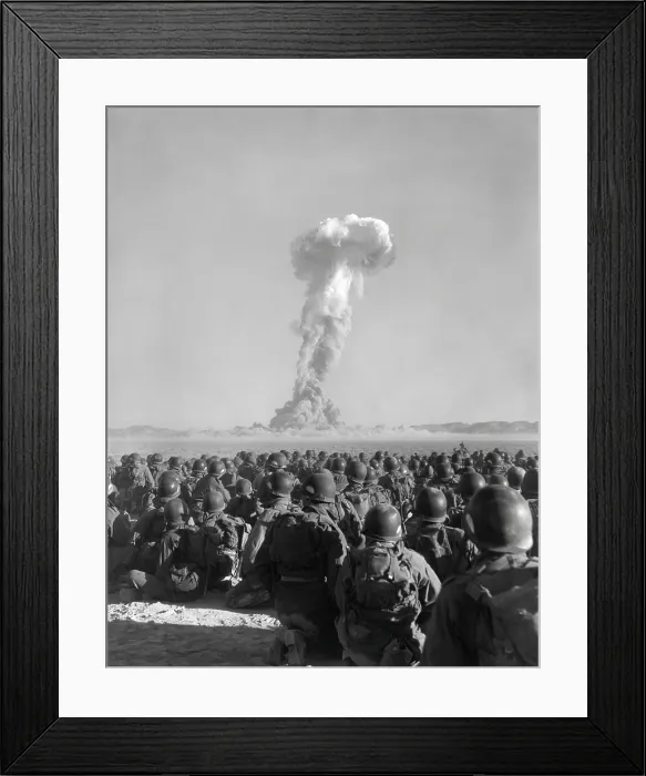 Framed Print : Exercise Desert Rock, Nov. 1, 1951. Men of the U.S. Army 11th Airborne Division, watch a plume of radio-active smoke rise at Yucca Flats