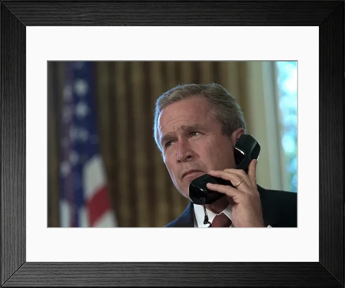 Framed Print : President George W. Bush on telephone to NY Gov. George Pataki and NYC Mayor, Rudolph Giuliani. Sept 13, 2001. (BSLOC_2015_2_145)