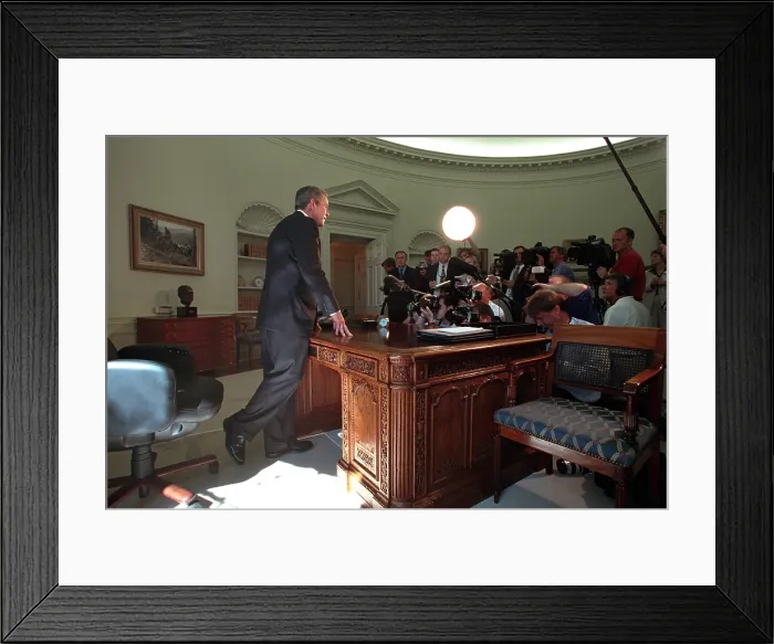 Framed Print : Oval Office press conference on Sept. 13, 2001, 2 days following the 9-11 Terrorist Attacks. President George W. Bush talks with reporters after his telephone call to NY Gov Framed Print : Oval Office press conference on Sept. 13, 2001, 2 days following the 9-11 Terrorist Attacks. President George W. Bush talks with reporters after his telephone call to NY Gov